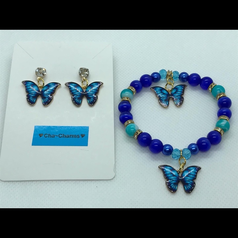 2pc DarkBlue Butterfly Charm Bracelet&EarringSets